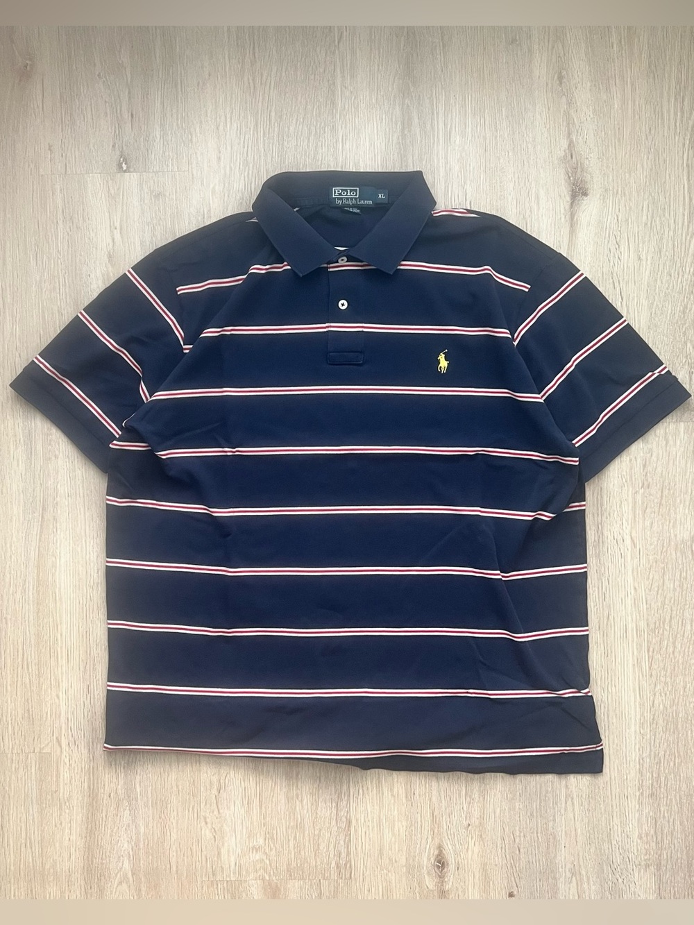 Vintage Polo Ralph Lauren Striped Polo Shirt Mens XL Navy Red Short Sleeve 90s